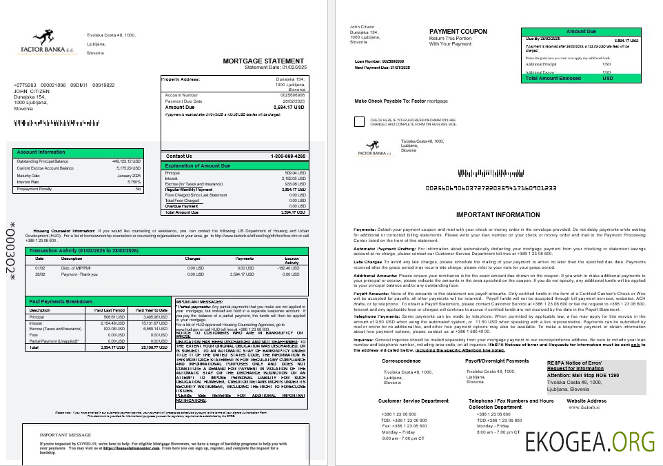 Relevé hypothécaire de Slovenia Factor Banka aux formats Word et PDF